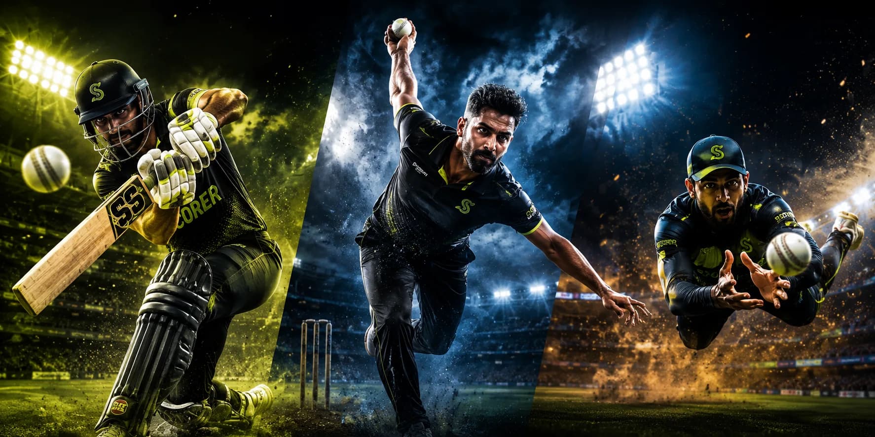 Cricket players batting, bowling, and fielding under stadium lights