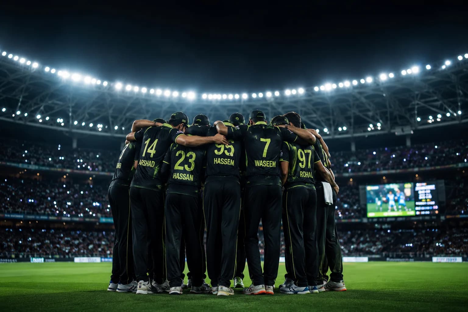 Cricket team huddled together on the field under stadium lights